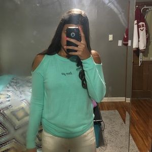 Cold shoulder long sleeve tee shirt.